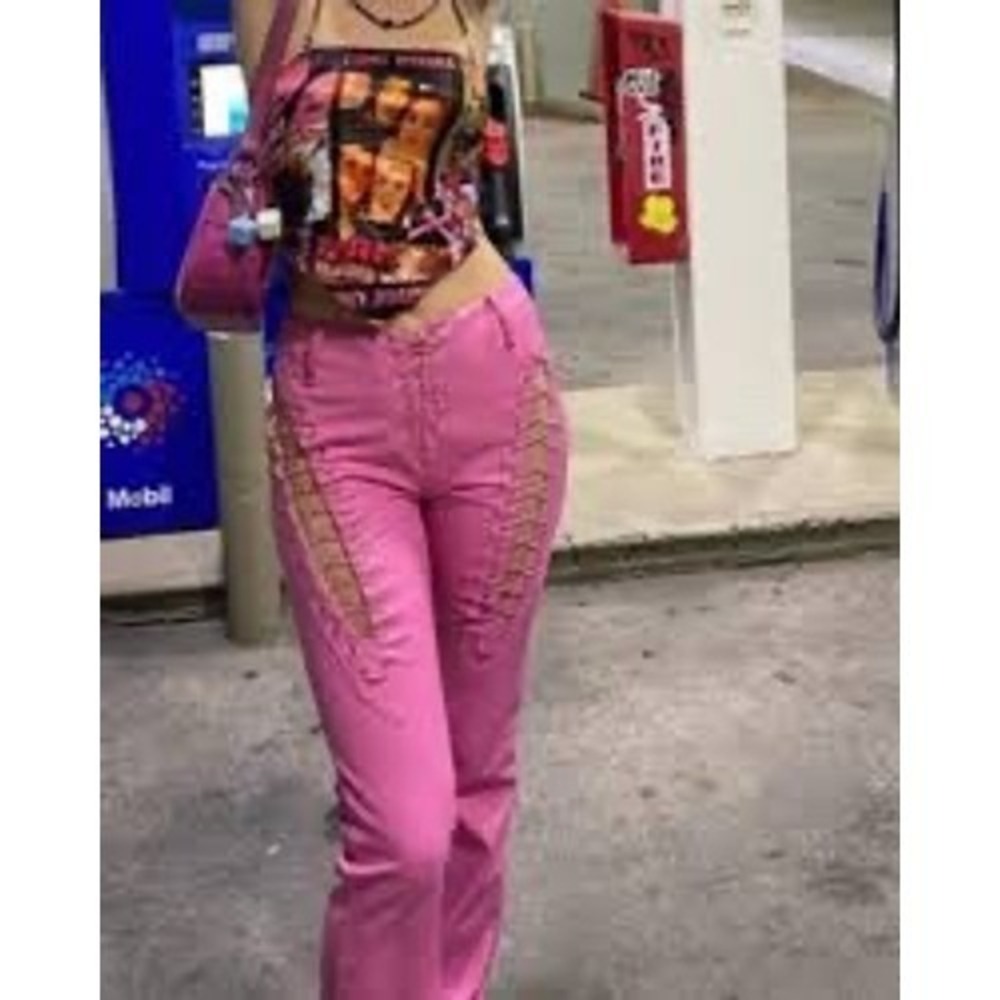 I AM GIA Pink Lace Up Flare Pants Leather Look Cut Out Festival XXS